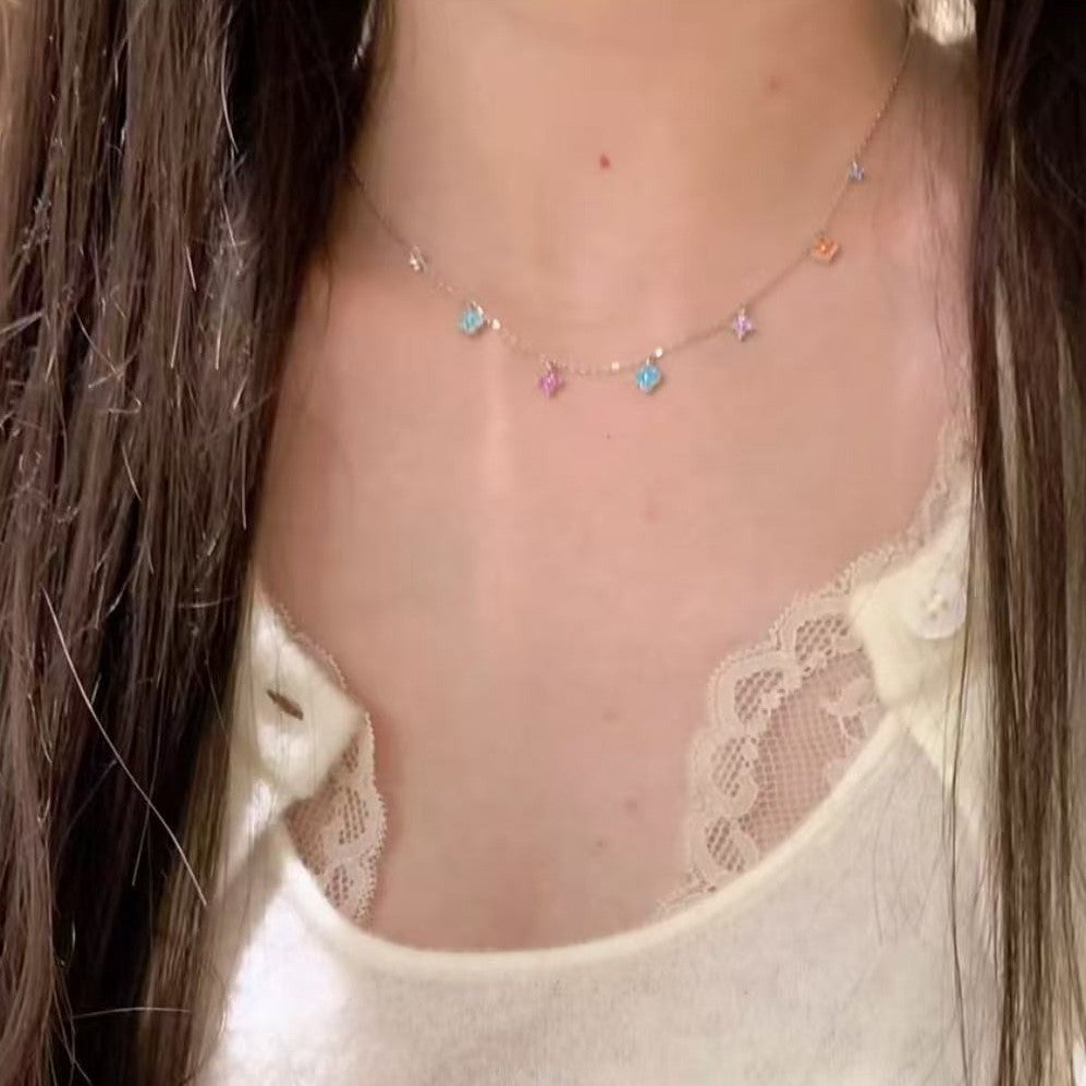 925 Sterling Silver Summer Dopamine Colorful Four-Leaf Clover Necklace Light Luxury Niche Colorful Flower Collarbone Chain