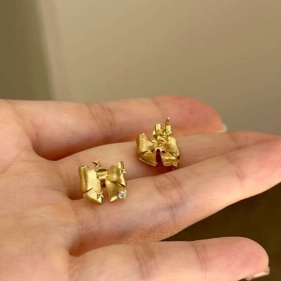 Italian Vintage Brushed Craft Light Luxury High-end Feel 925 Sterling Silver Runaway Princess Bow Brushed Earrings