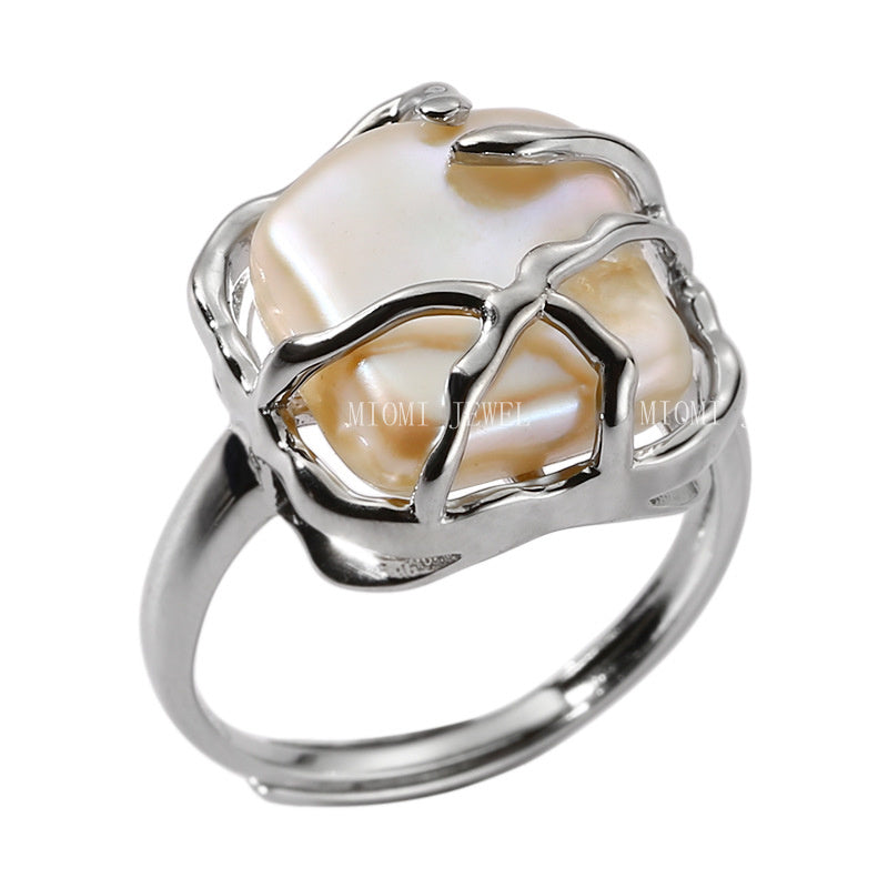 S925 Sterling Silver Ring with Pearl, Spanish Designer Style, Niche Baroque Ring