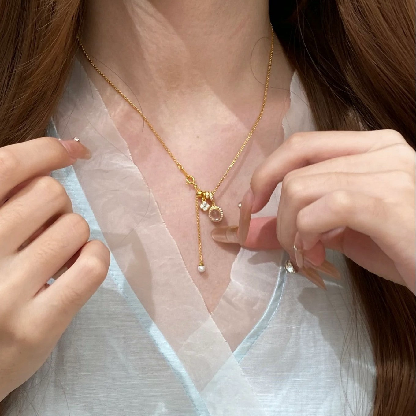 Dragon Heart Same Style Natural Water Foam Jade Four-Leaf Clover Necklace Light Luxury Niche Sparkling Diamond Exquisite Internet Celebrity Collarbone Chain