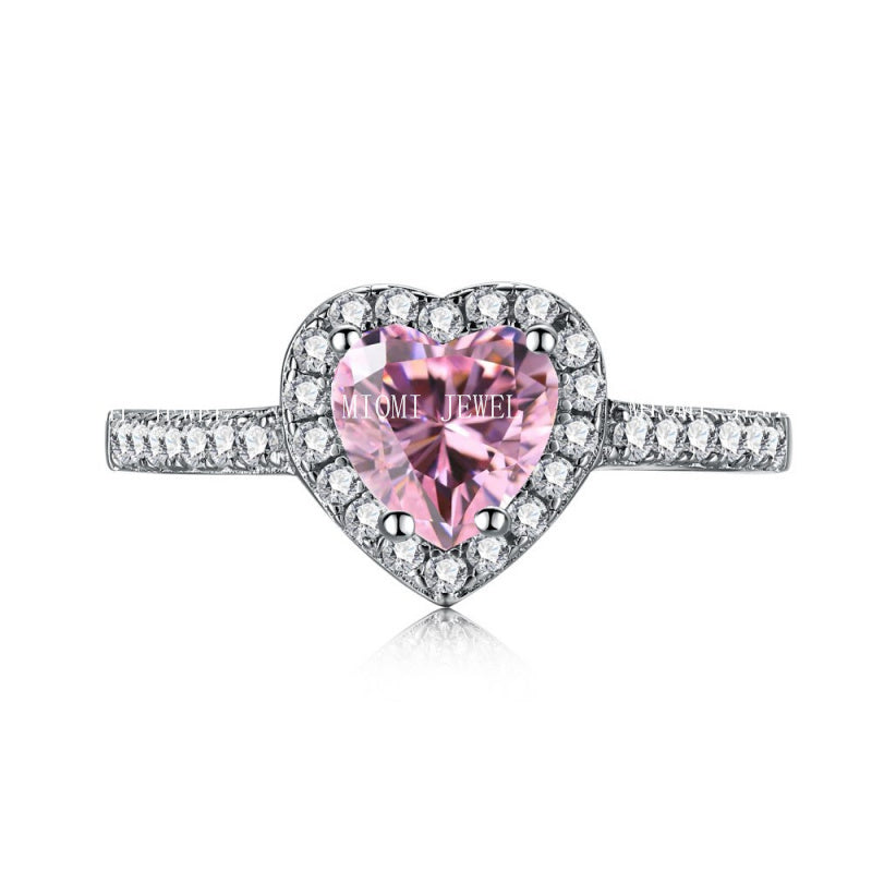 925 Sterling Silver Women's INS Heart Pink Ring Pink Diamond Sugar Cube Super Sparkling High Carbon Diamond Ring Wedding Ring