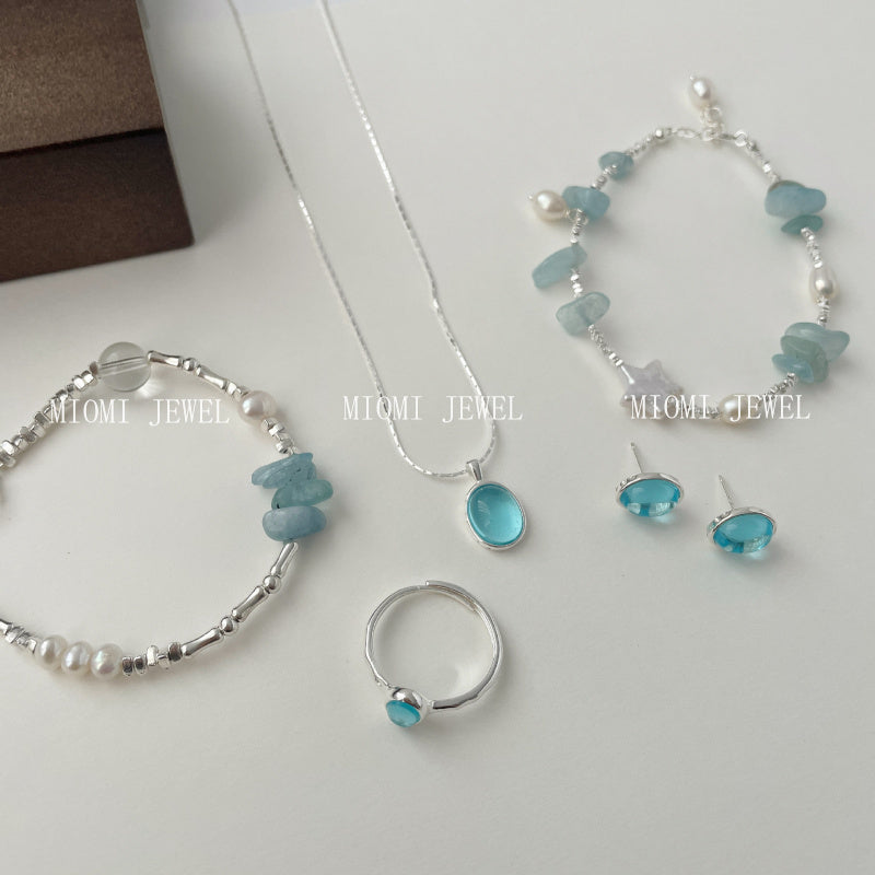 S925 Silver Aquamarine Bracelet Set Irregular Cut Gemstone Series Silver