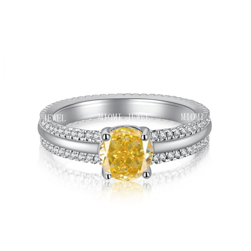 Cross-Border Hot S925 Sterling Silver Yellow Diamond Ring Female Noble Super Flash Ice Flower Cut High Carbon Diamond 8A Zircon Ring