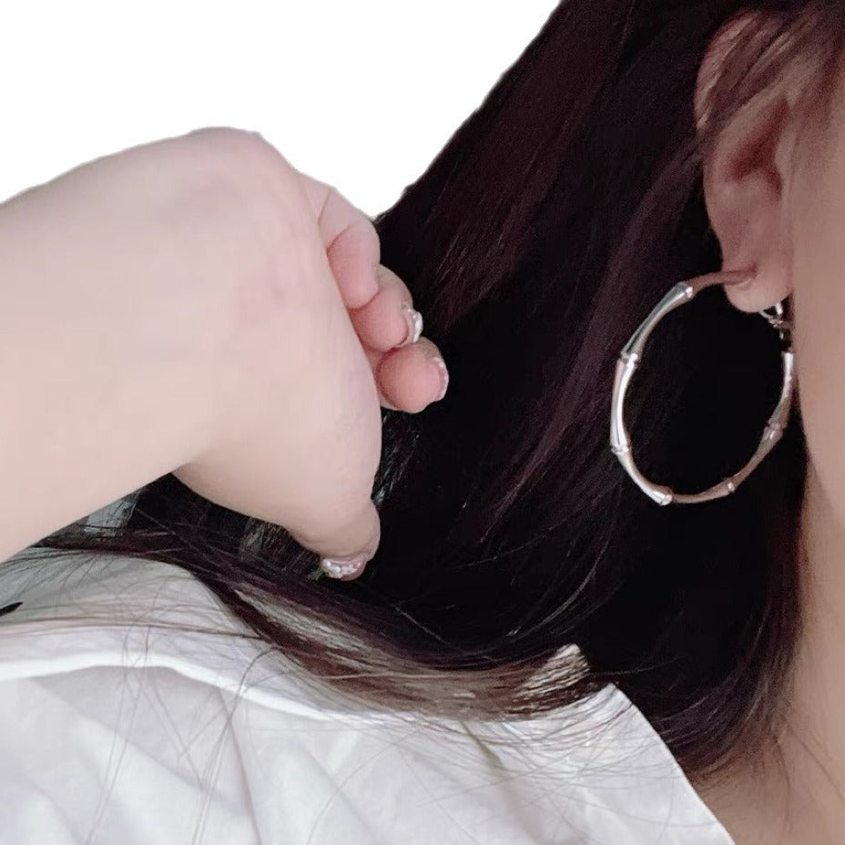 Korean Version Pure Silver 925 Large Hoop Earrings Bamboo Knot Dongdaemun Trendy Design Internet Celebrity Same Style Pure Silver Earrings Big Brand Elegant