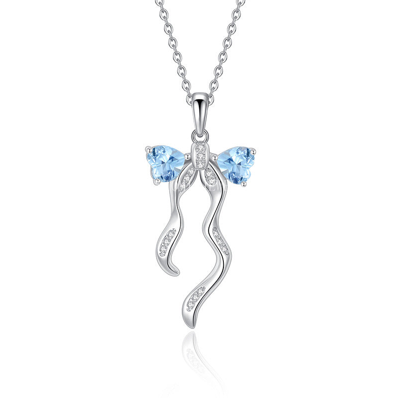 S925 Sterling Silver Ribbon Bow Necklace for Women Korean Style Natural Crystal Stone Niche Topaz Pendant for Women