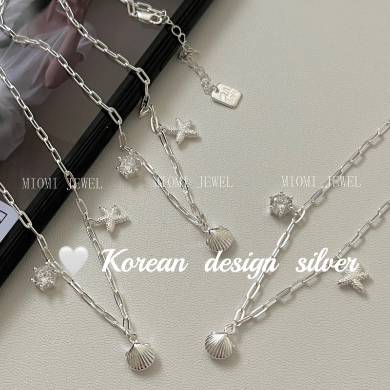 S925 Sterling Silver Blue Starfish Shell Zircon Necklace Fresh and Versatile