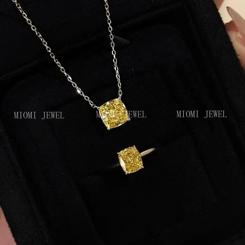 S925 Sterling Silver Lucky Yellow Diamond Ring Necklace Cushion Cut High Carbon Diamond High-end Ice Flower Cut Diamond Ring Collarbone Chain