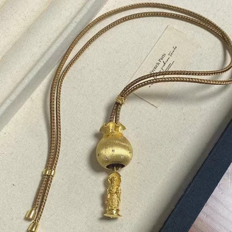 Pure Silver S925 Brown Rope Brushed Craft Large Lucky Bag with Heaven and Earth God of Wealth Sweater Chain