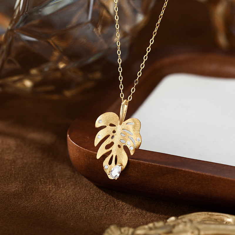 S925 Sterling Silver Vintage Style Brushed Pointed Diamond Gold Branch Jade Leaf Necklace Exquisite Niche Design Leaf Pendant Collarbone Chain