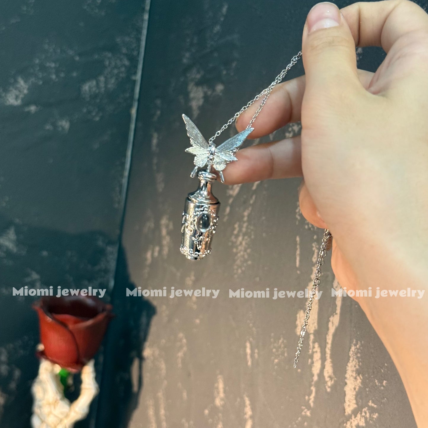 magical Necklace Butterfly Magic Potion Bottle Necklace whimsical silver witchy