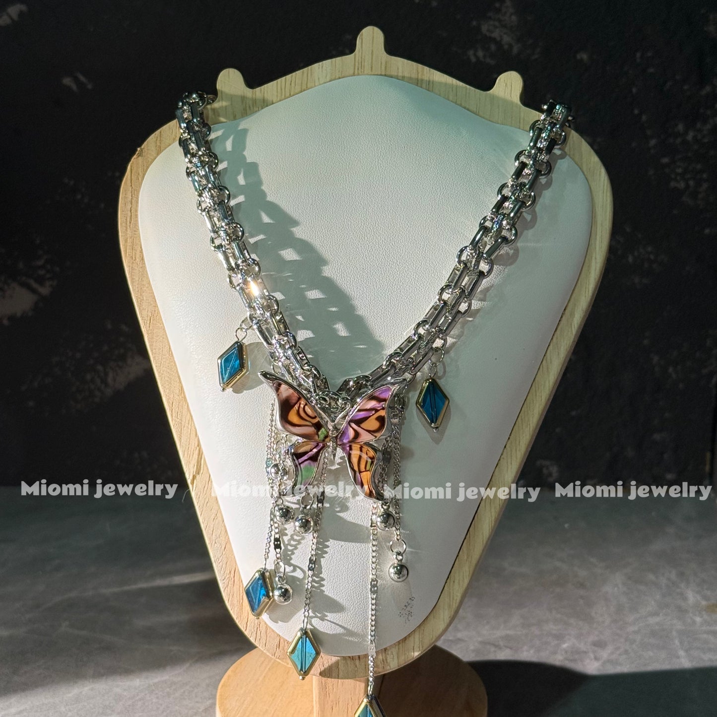 gothic whimsical siver necklace with butterfly