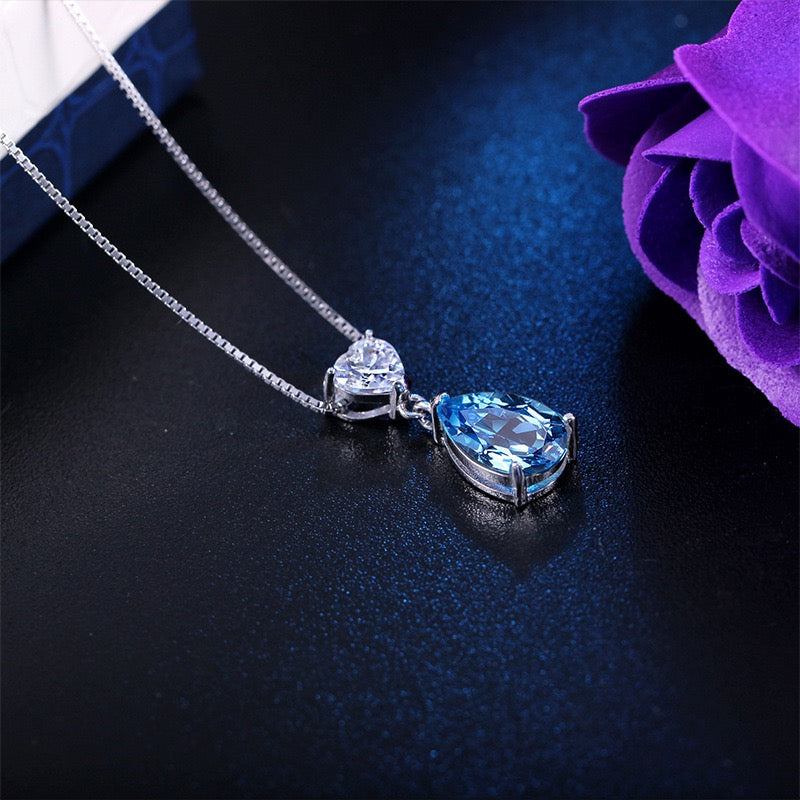 S925 Sterling silver Blue Drop Pendant natural Topaz crystal necklace