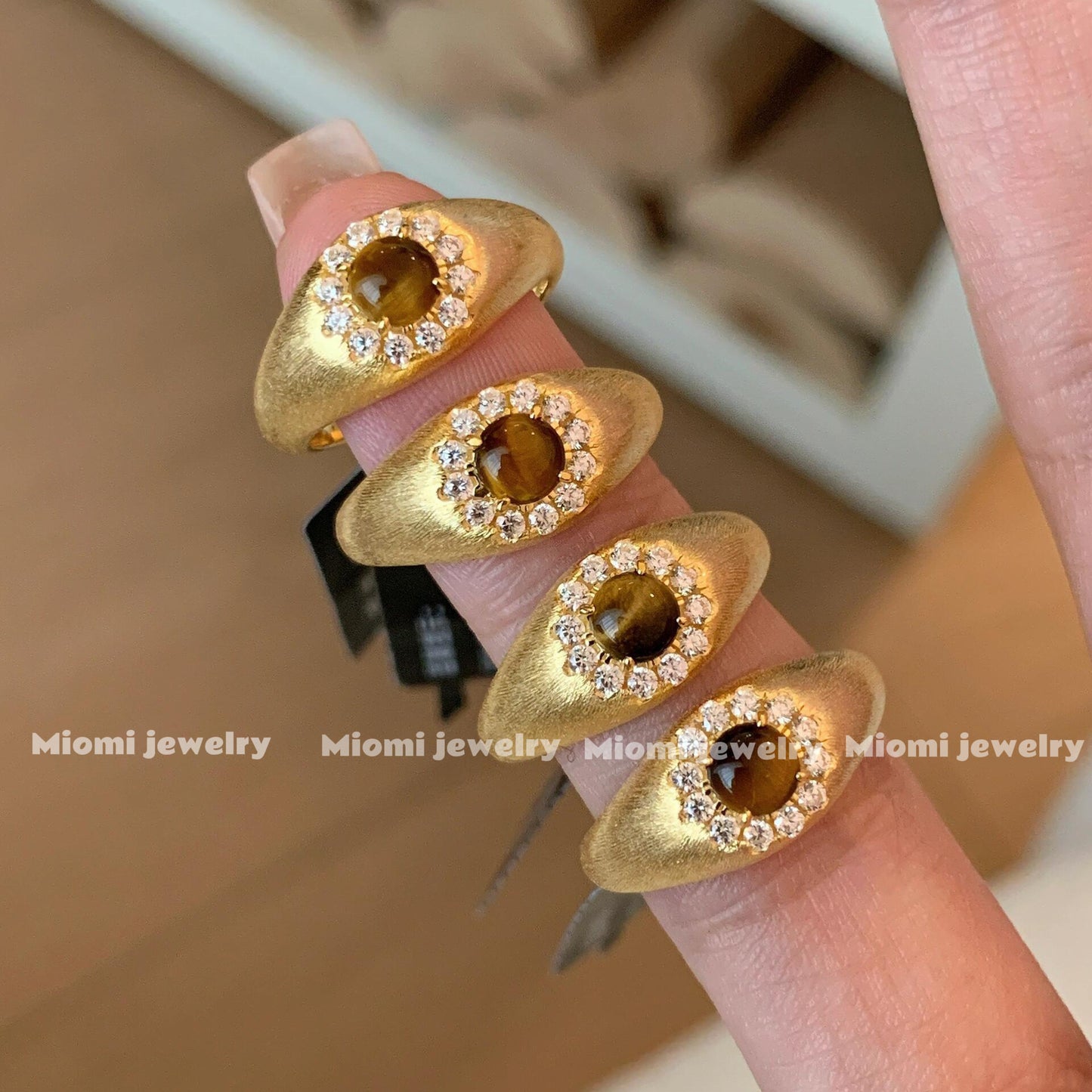 S925 Sterling Silver Natural Tiger's Eye Vintage Brushed Craft Tail Ring for Women - Mocha & Maillard Style Retro Ring