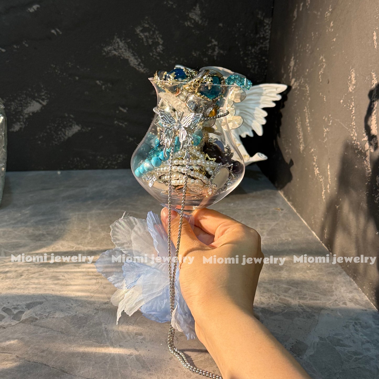 Customize fairy style Goblet jewelry jar with one natural crystal and natural pearl