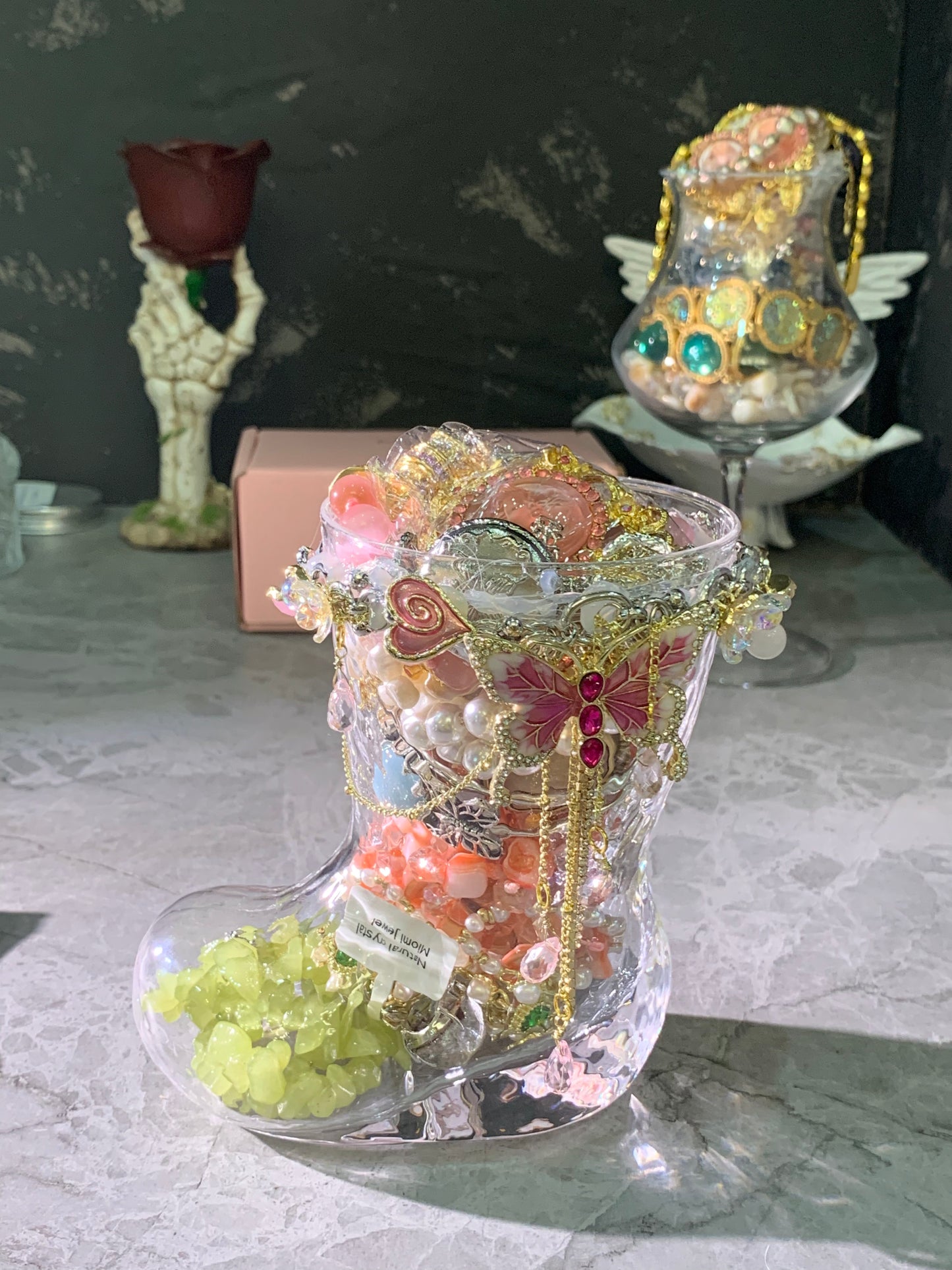 Customized Boot glass Cup With one pcs s925 silver, one Pearl and one Crystal Jewelry Mystery Jewelry jar