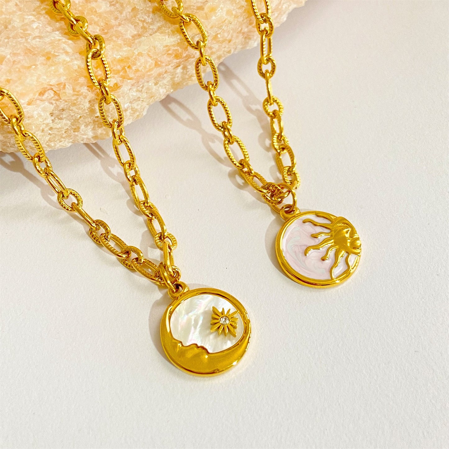 Retro 3D Sun Moon Round Coin Necklace with Mother-of-Pearl Pendant
Titanium Steel Electroplated with Real Gold whimsical