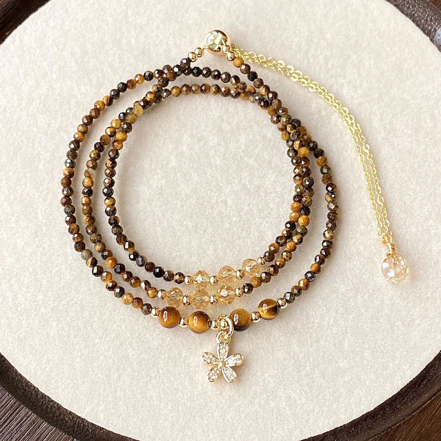 Natural crystalRutilated Quartz with Faceted Yellow Tiger's Eye, Multi-Layer Triple-Wrap Bracelet Size fairy flower Vintage