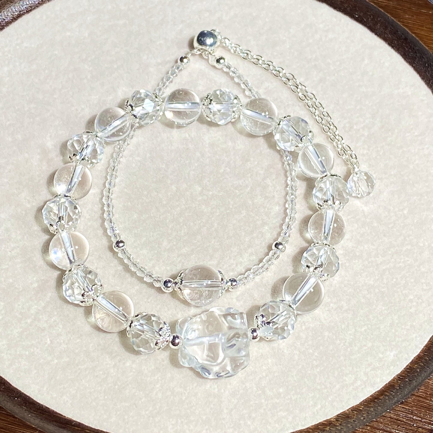 Natural clear quartz Crystal Round Beads, Carved Nine-Tailed Fox, 2-Piece Stackable Double Bracelets whimsical