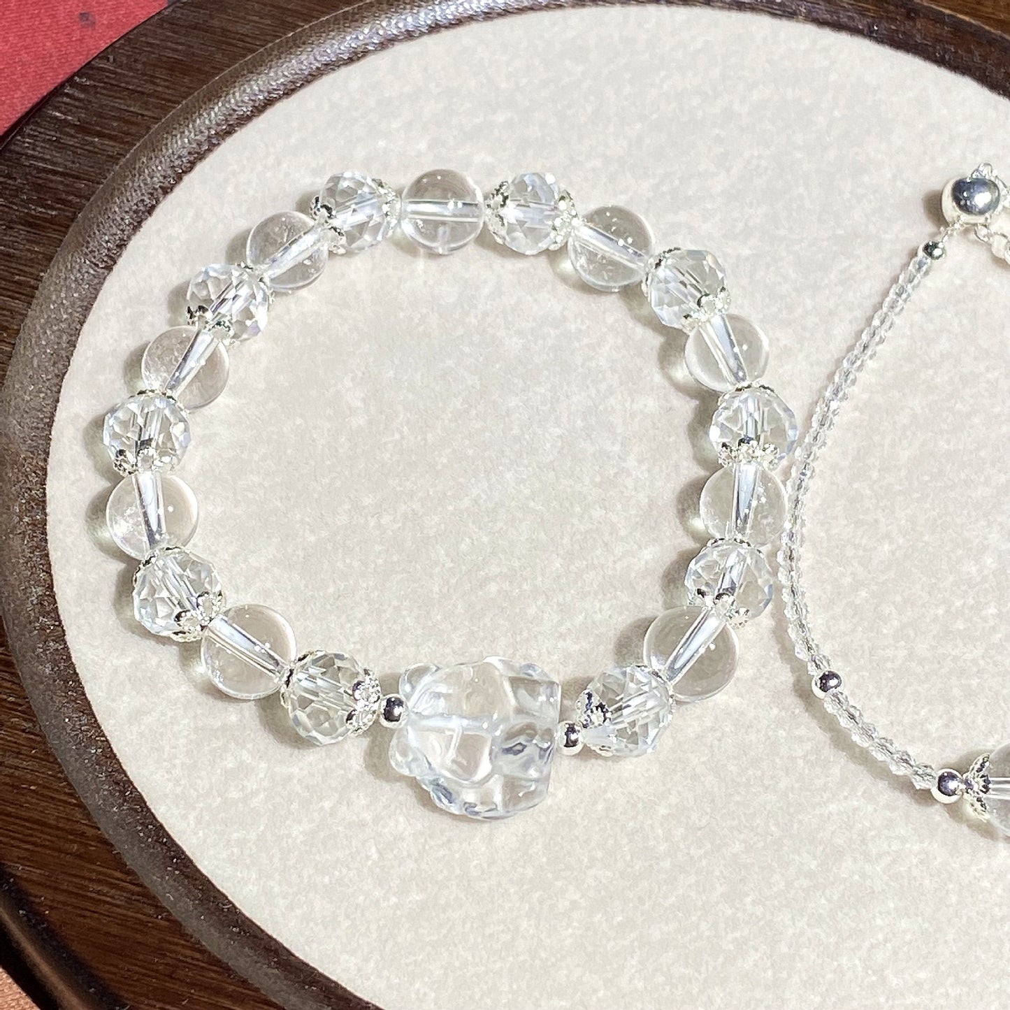Natural clear quartz Crystal Round Beads, Carved Nine-Tailed Fox, 2-Piece Stackable Double Bracelets whimsical