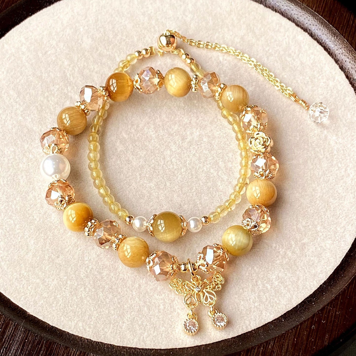 natural gold tiger eye butterfly crystal 2pcs stackable bracelet