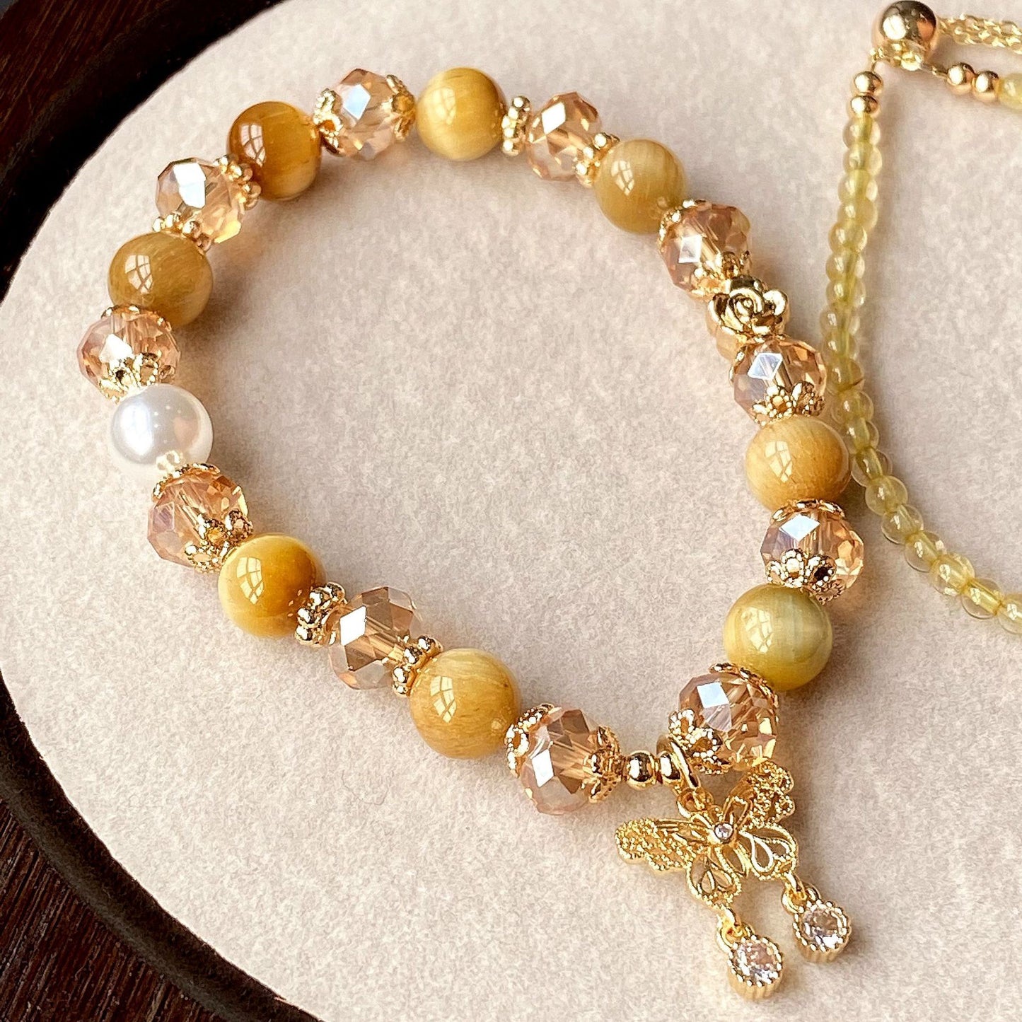 natural gold tiger eye butterfly crystal 2pcs stackable bracelet