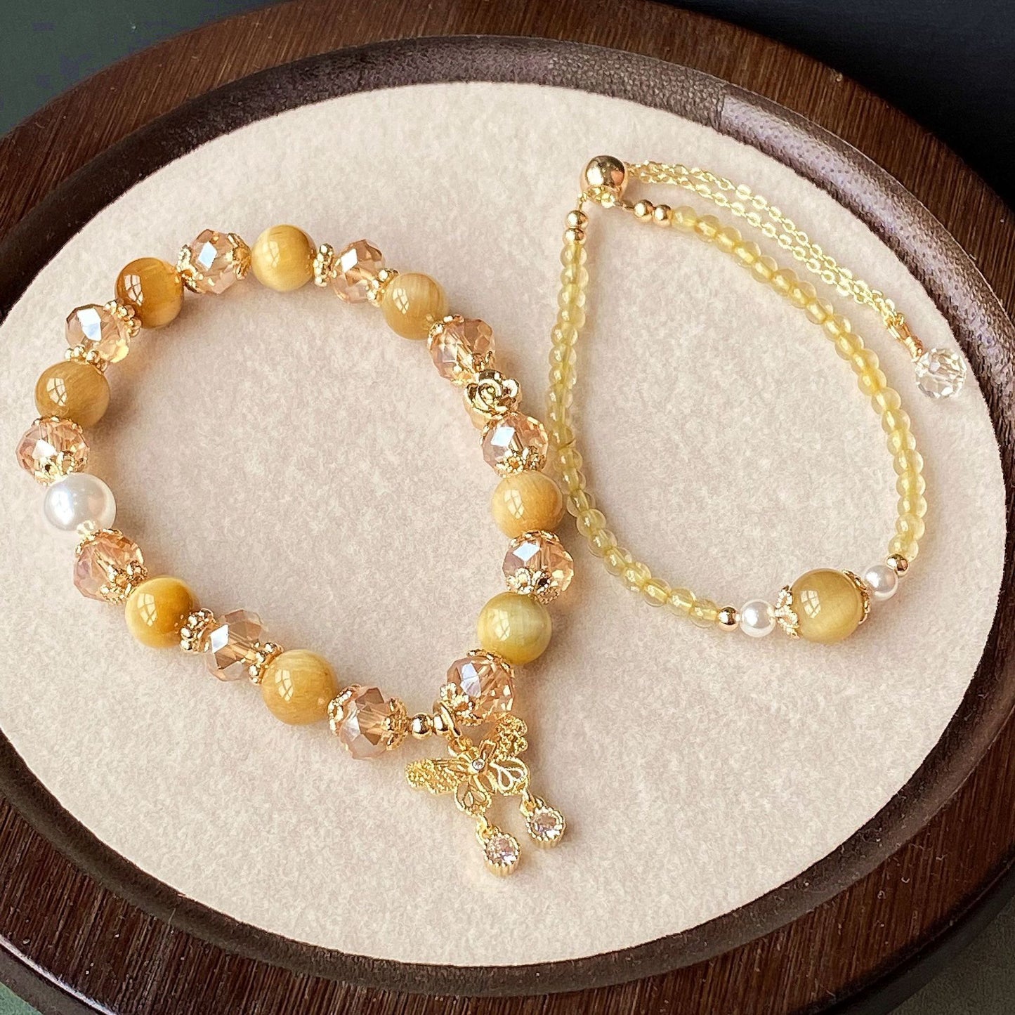 natural gold tiger eye butterfly crystal 2pcs stackable bracelet
