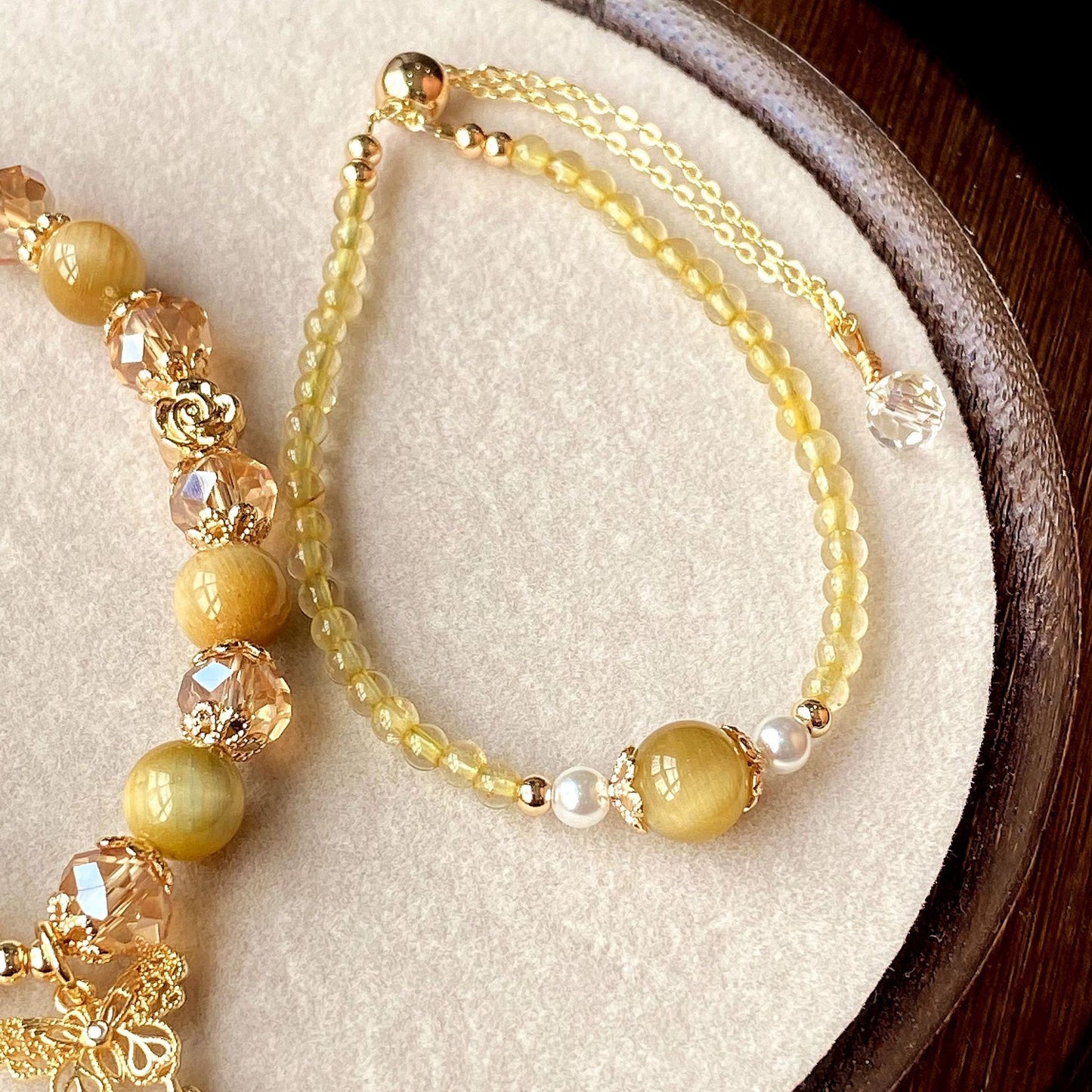 natural gold tiger eye butterfly crystal 2pcs stackable bracelet