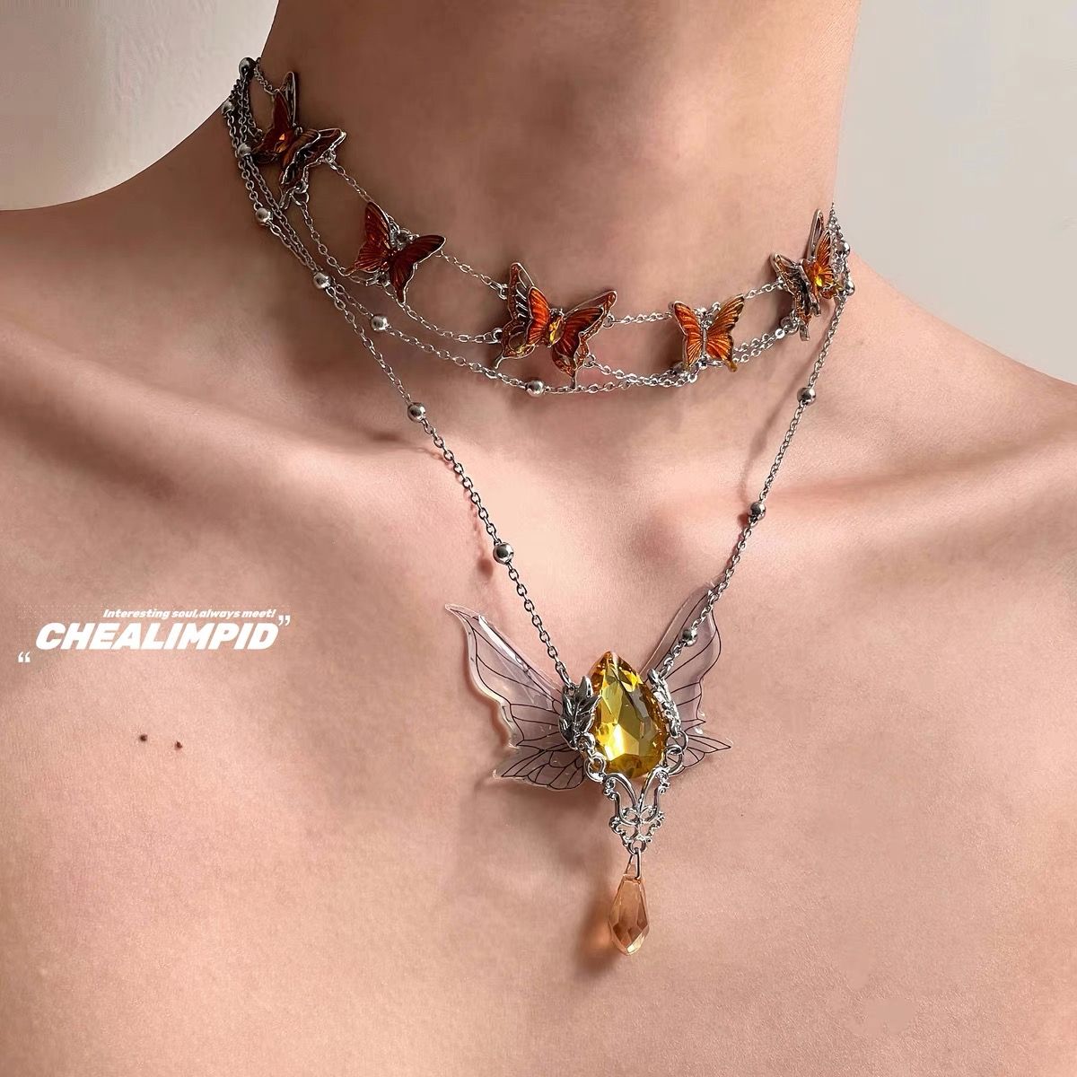 2pcs stackable whimsical witch necklace dragonfly
