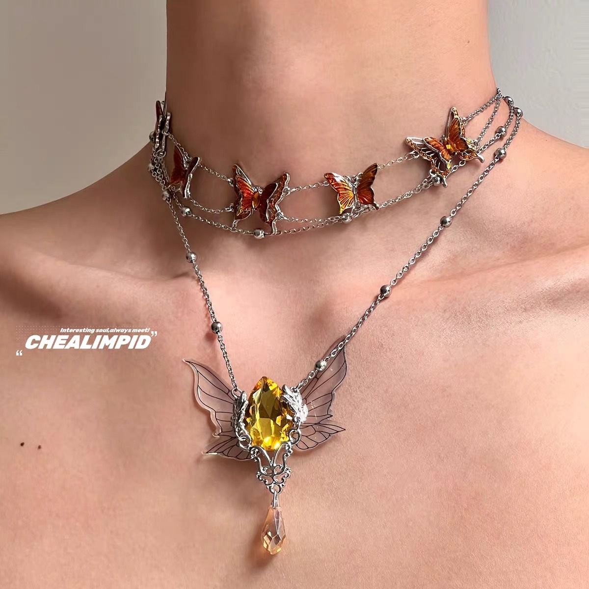 2pcs stackable whimsical witch necklace dragonfly