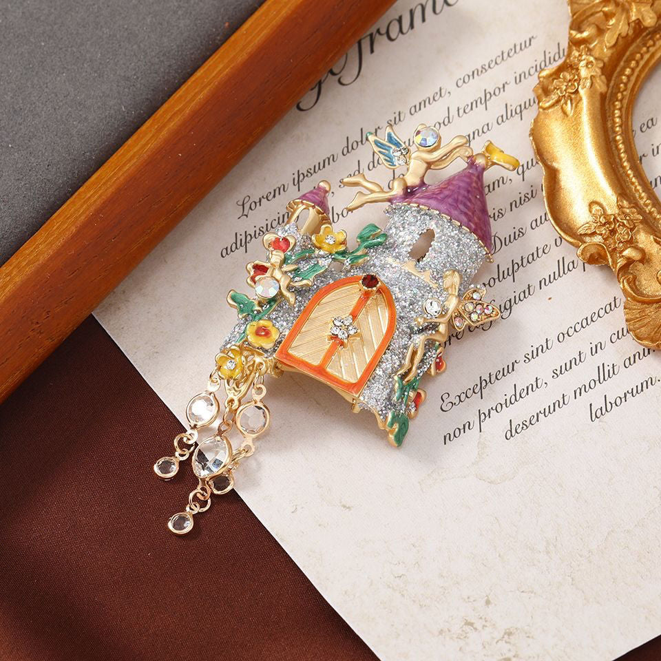 whimsical Fairy Tale Castle Angel Alloy Rhinestone Brooch, Versatile Vintage Brooch, Ancient Style pin