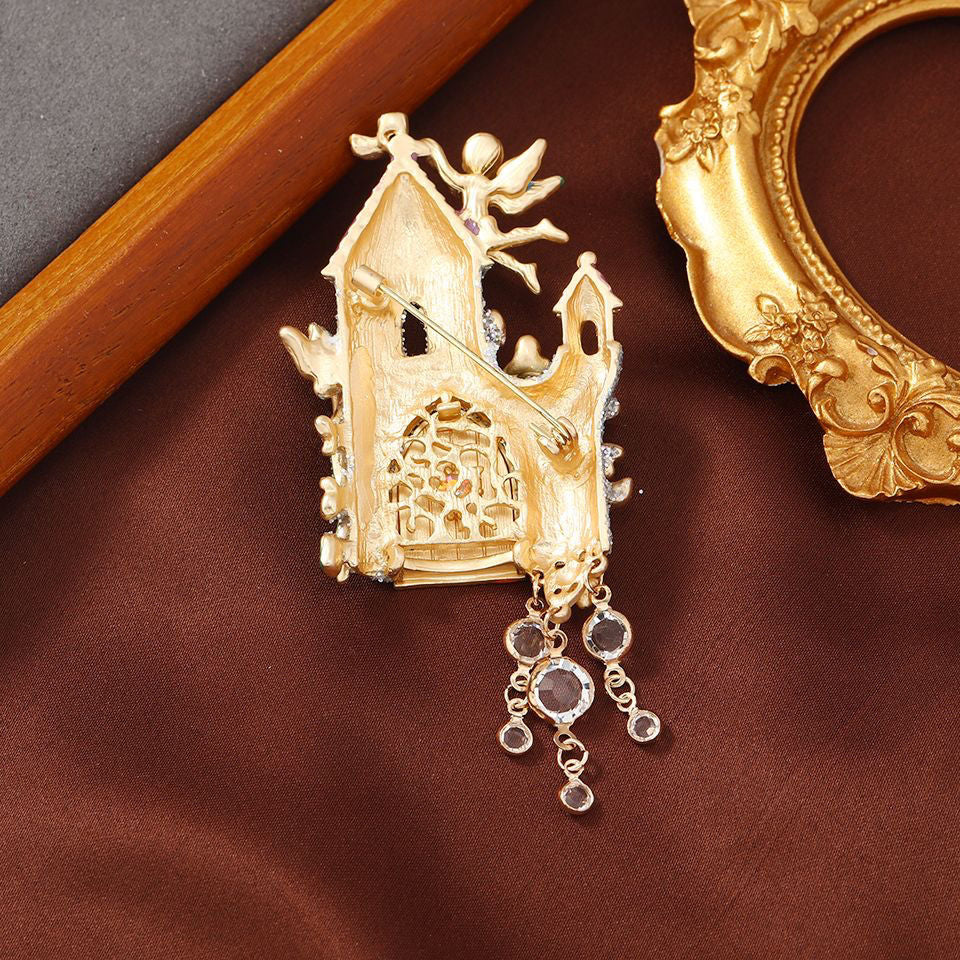whimsical Fairy Tale Castle Angel Alloy Rhinestone Brooch, Versatile Vintage Brooch, Ancient Style pin