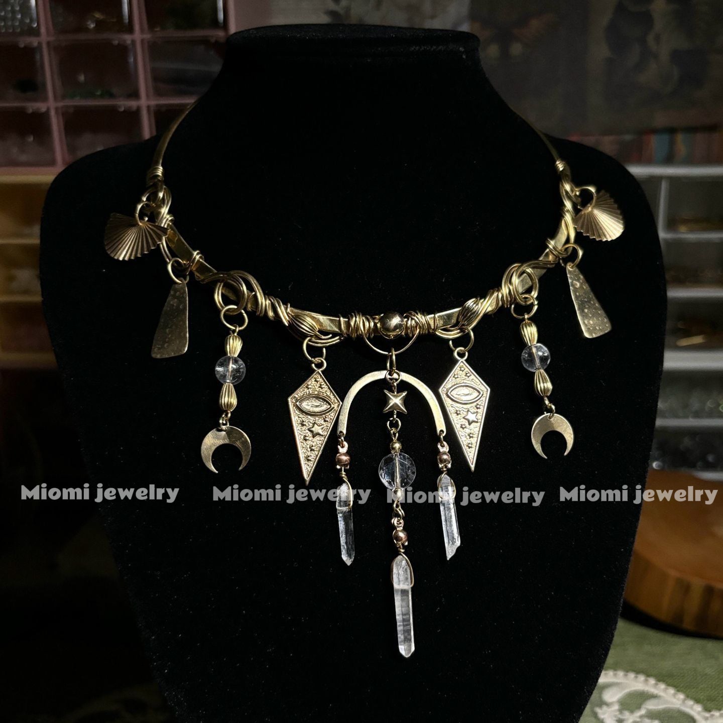 Vintage Patina Bronze Handmade Wire-Wrapped Beaded Choker, Collar gothic whimsical