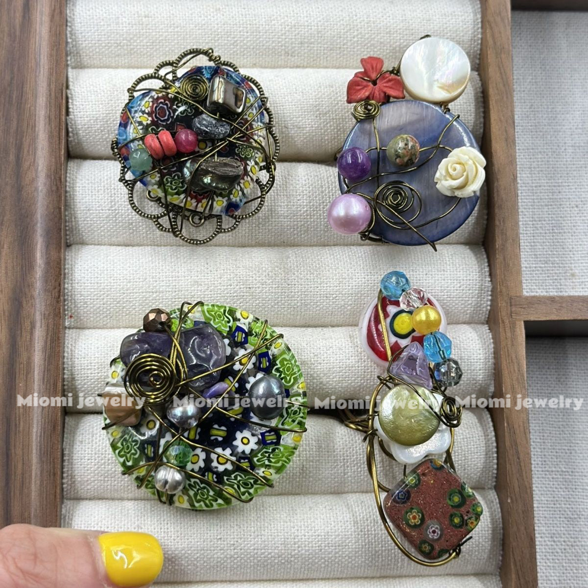 1pcs -miomi oranginal Vintage European Imported Court Style, Heavy Craftsmanship Natural Stone & Old Glass Handmade Open Ring, Woven Ring, Adjustable, Random Delivery!whimsical witch vintage