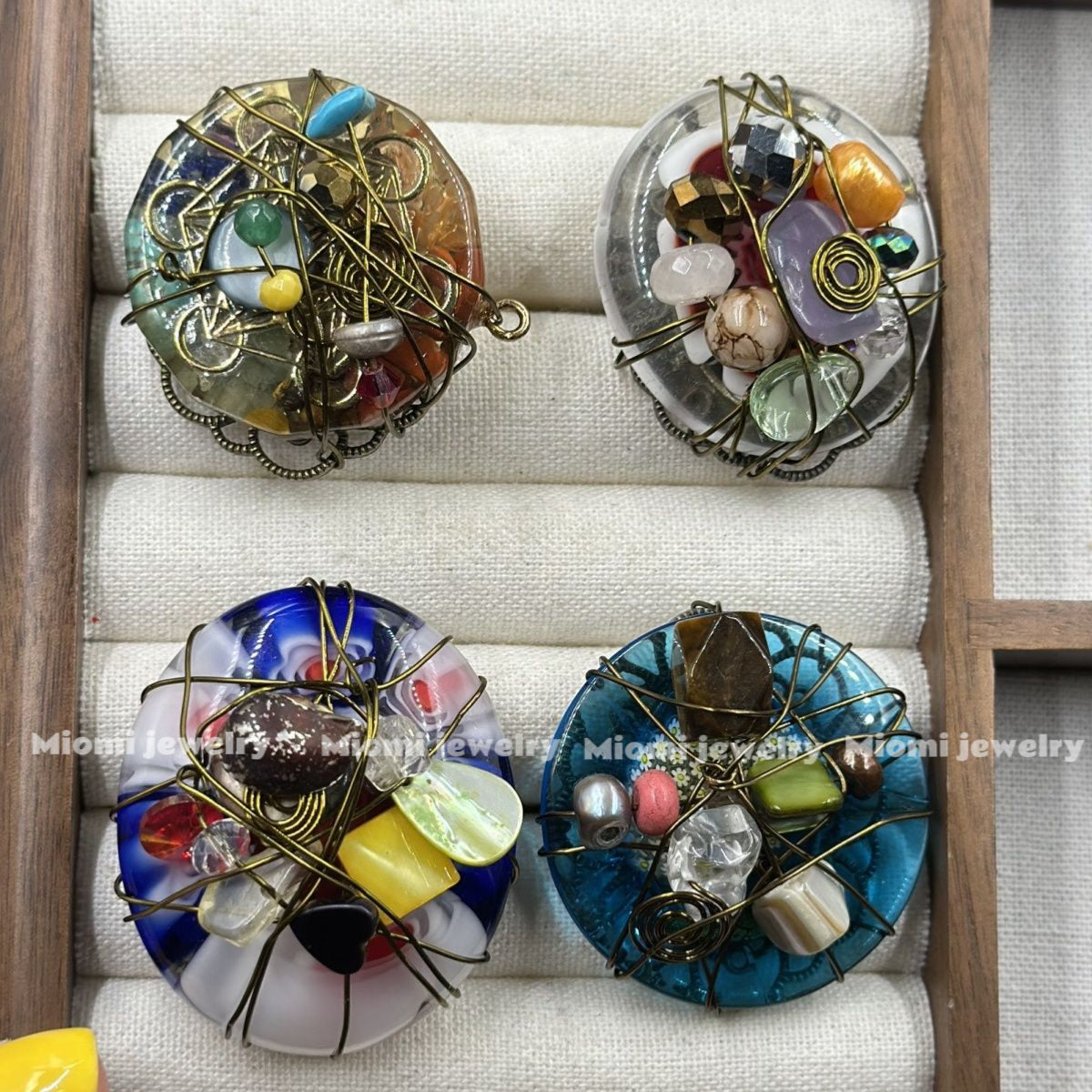 1pcs -miomi oranginal Vintage European Imported Court Style, Heavy Craftsmanship Natural Stone & Old Glass Handmade Open Ring, Woven Ring, Adjustable, Random Delivery!whimsical witch vintage