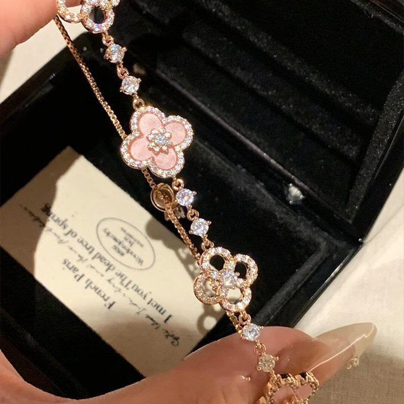 3pcs pink clover bracelet necklace earring set vintage