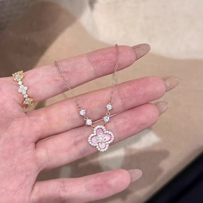 3pcs pink clover bracelet necklace earring set vintage