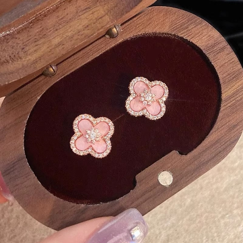 3pcs pink clover bracelet necklace earring set vintage