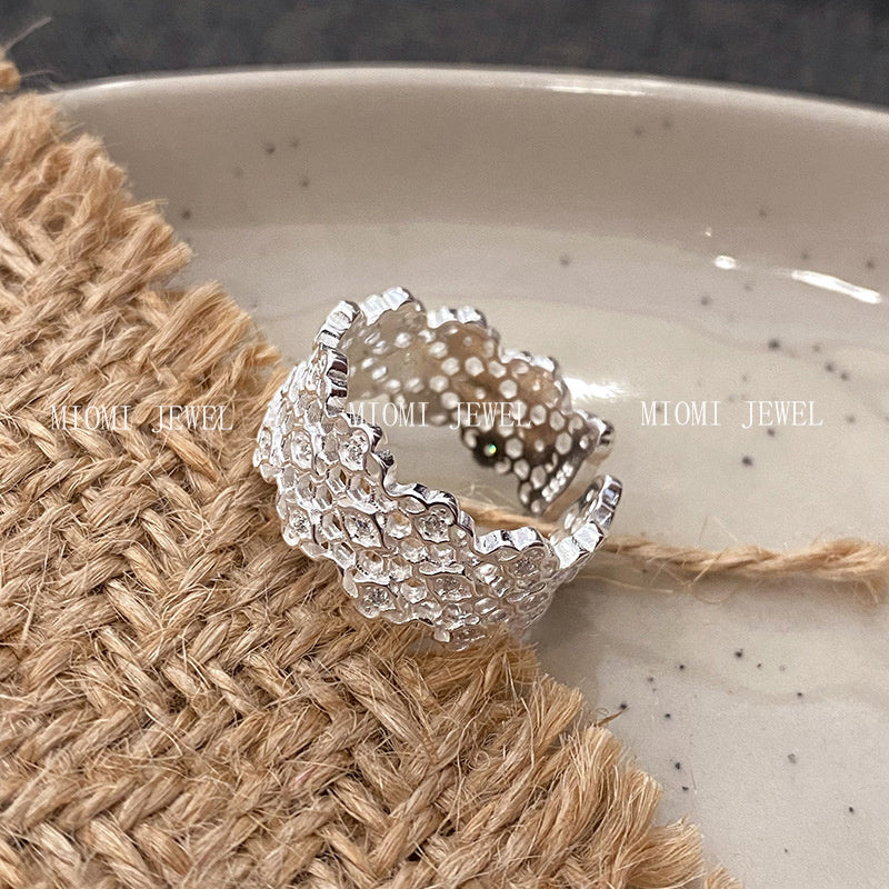 S925 Sterling Silver Irregular Hollow Diamond Ring for Women, Light Luxury, Elegant Commuting, Niche Versatile Ins Lace Ring