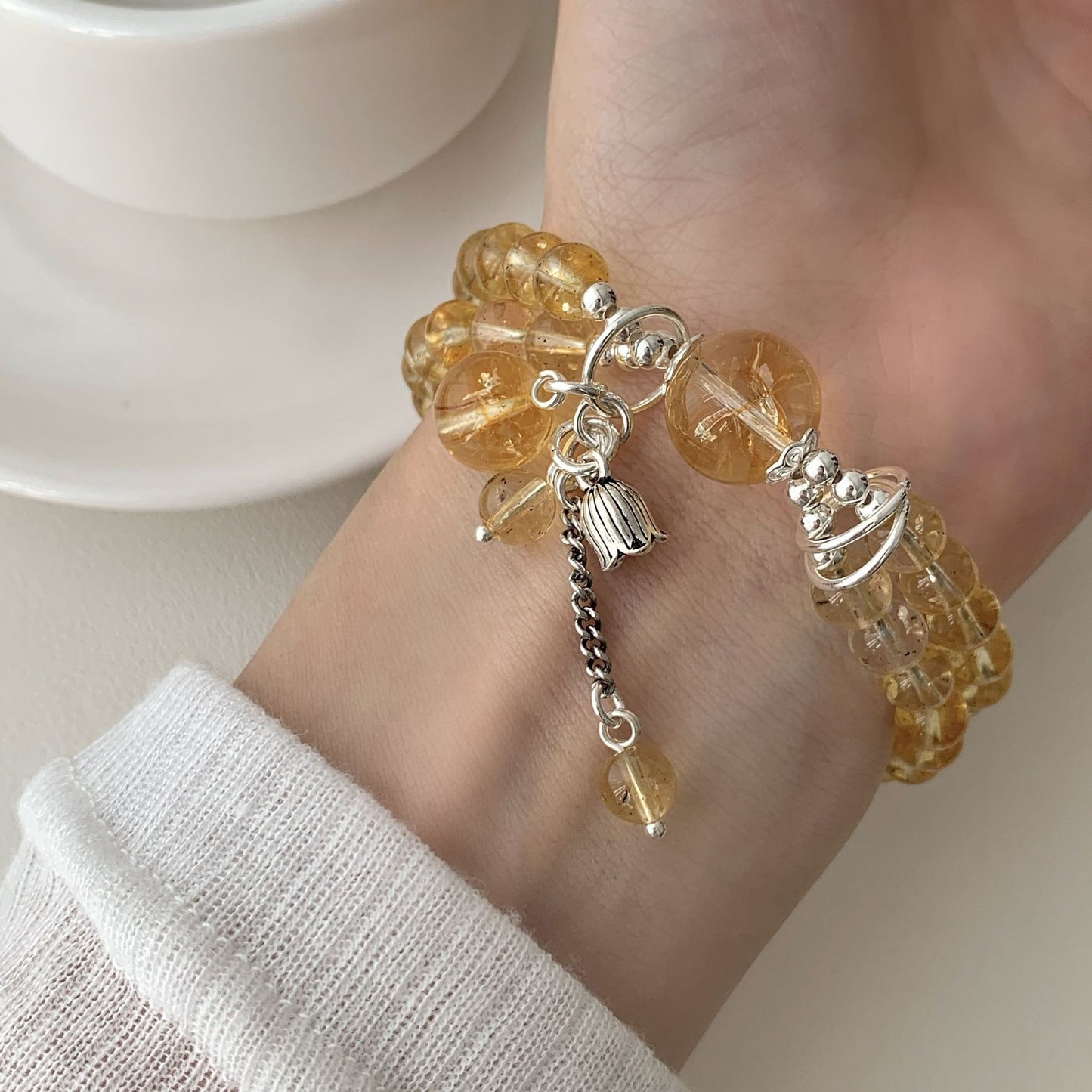 S925 Sterling Silver Yellow Crystal Double Circle Bracelet for Women New Chinese Style National Style Lily of the Valley Pendant Bracelet Gift for Girlfriend