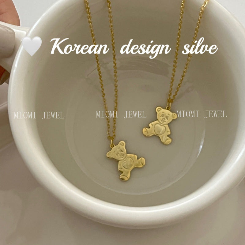 Korean Niche Design Cute Style Silver S925 Sterling Silver GoldJewelry Bear Necklace Versatile Collarbone Chain