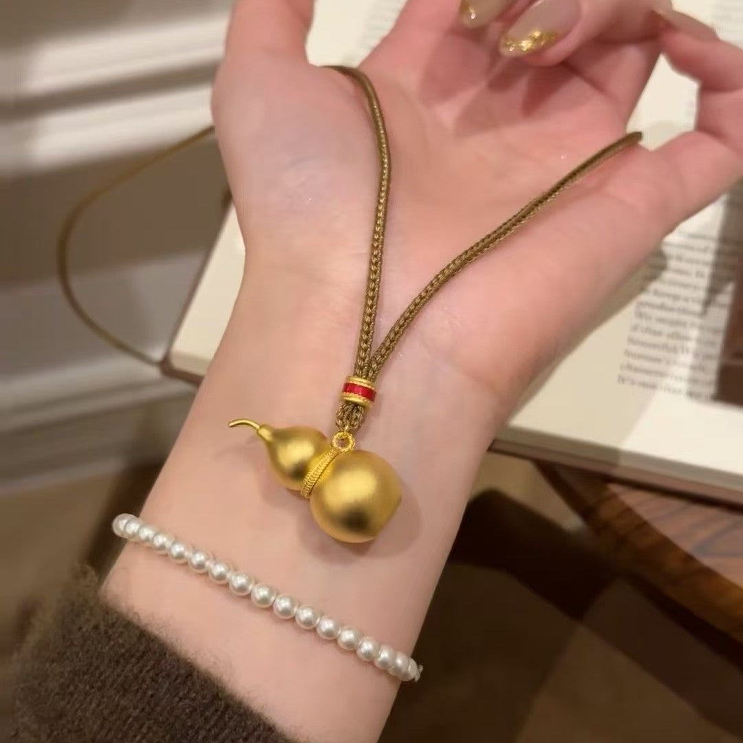 Pure Silver S925 Ancient Gold Gourd Pendant Sweater Chain Fortune and Prosperity Pendant Handwoven Adjustable Sweater Chain