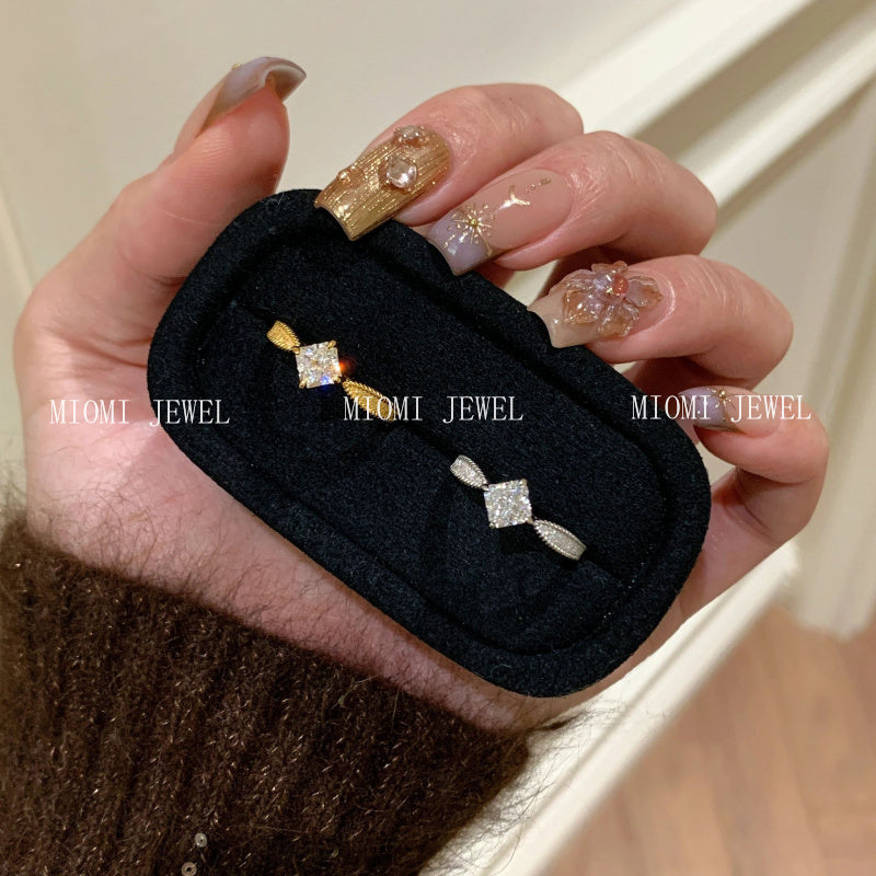 S925 Sterling Silver Sweet Princess Sugar Cube Square Diamond Brushed Diamond Ring Exquisite Niche Light Luxury High-end Small Square Diamond Ring