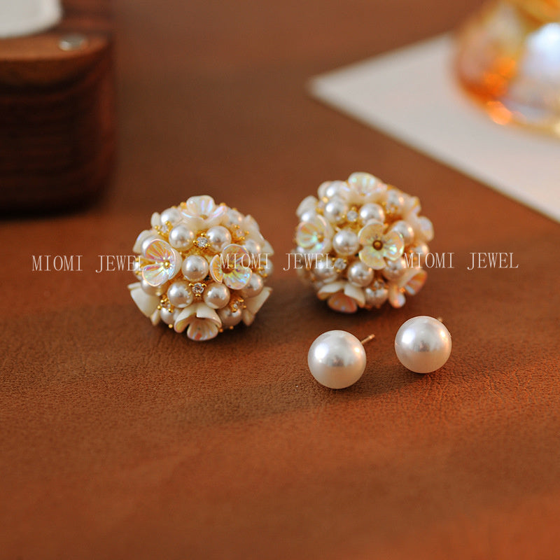 S925 Silver Needle Front and Back Two-Way Wear Flower Cluster Earrings Niche Design Three-Dimensional Small Ball Pearl Shell Flower Stud Earrings