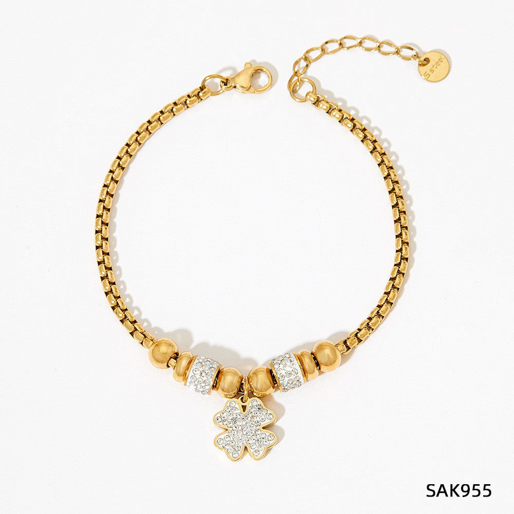 New Lucky Clover Bracelet for Women Stainless Steel Inlaid Diamond Four-Leaf Clover Bracelet Sweet Fairy Style Color-Retaining Jewelry