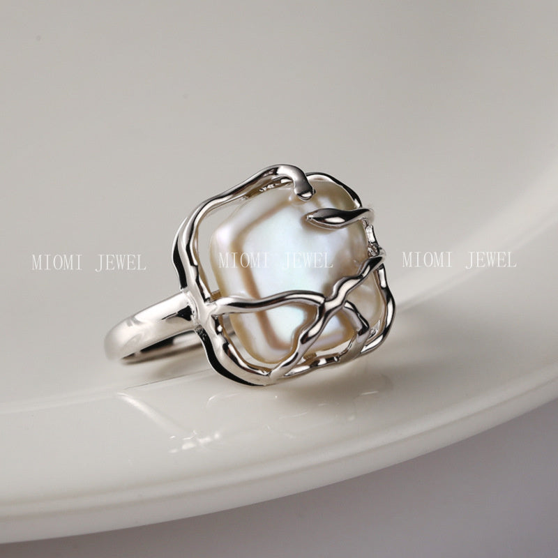 Weian S925 Sterling Silver Ring with Pearl, Spanish Designer Style, Niche Baroque Ring J0057