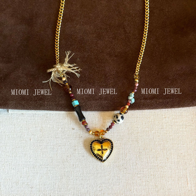 natural Tiger Eye Stone Heart Beaded Necklace Vintage Autumn Winter Elegant Simple Collarbone Chain