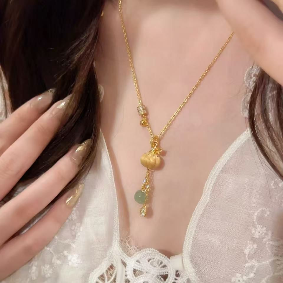 Pure Silver S925 Brushed Craft Pumpkin Necklace Niche Light Luxury Jade Round Bead Brushed Gourd Necklace for Women Ins Super Fairy