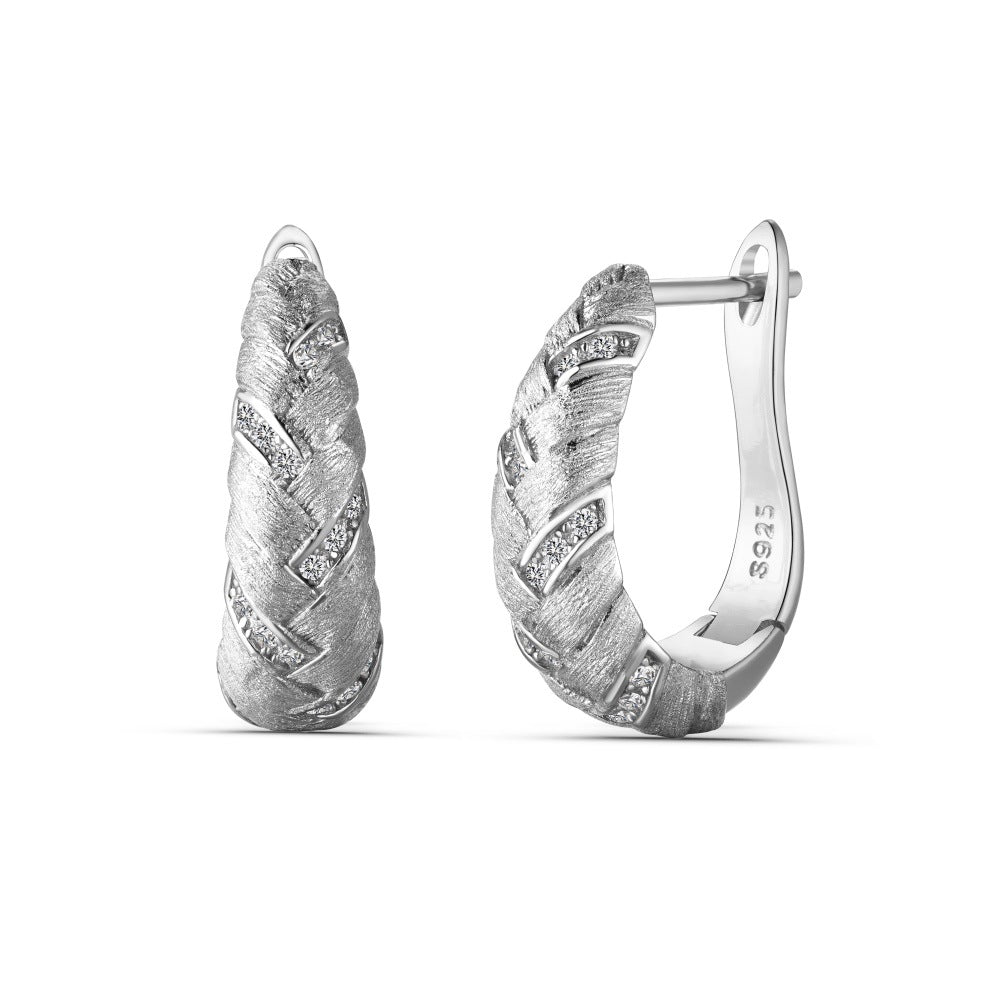 S925 Brushed Diamond-Studded Wheat Ear Woven Earrings Studs Exquisite Design Sense Light Luxury Vintage Retro