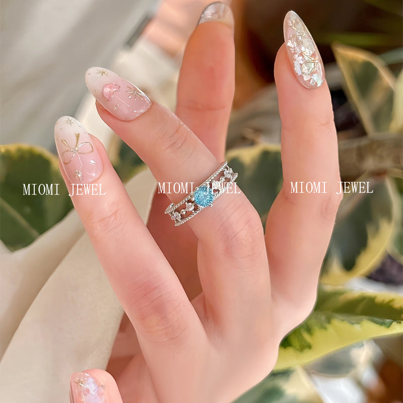 Gold Jewelry S925 Silver Daily Luxury Style One Carat Aquamarine Firework Cut Ring for Women Fashion Versatile Style