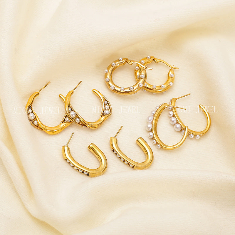 18k Gold Inlaid Pearl Circle Earrings Light Luxury High-end Feel Non-fading Titanium Steel Water Drop C-shaped Ear Jewelry